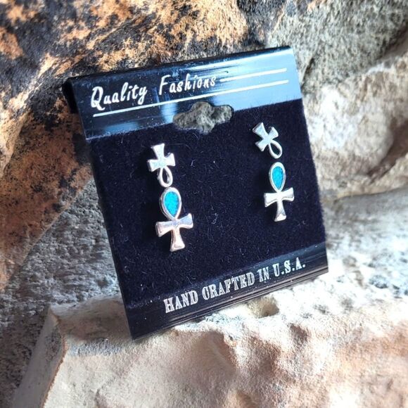 New! Egyptian Ankh Genuine Turquoise Inlay Set of Stud Earrings - Picture 1 of 3